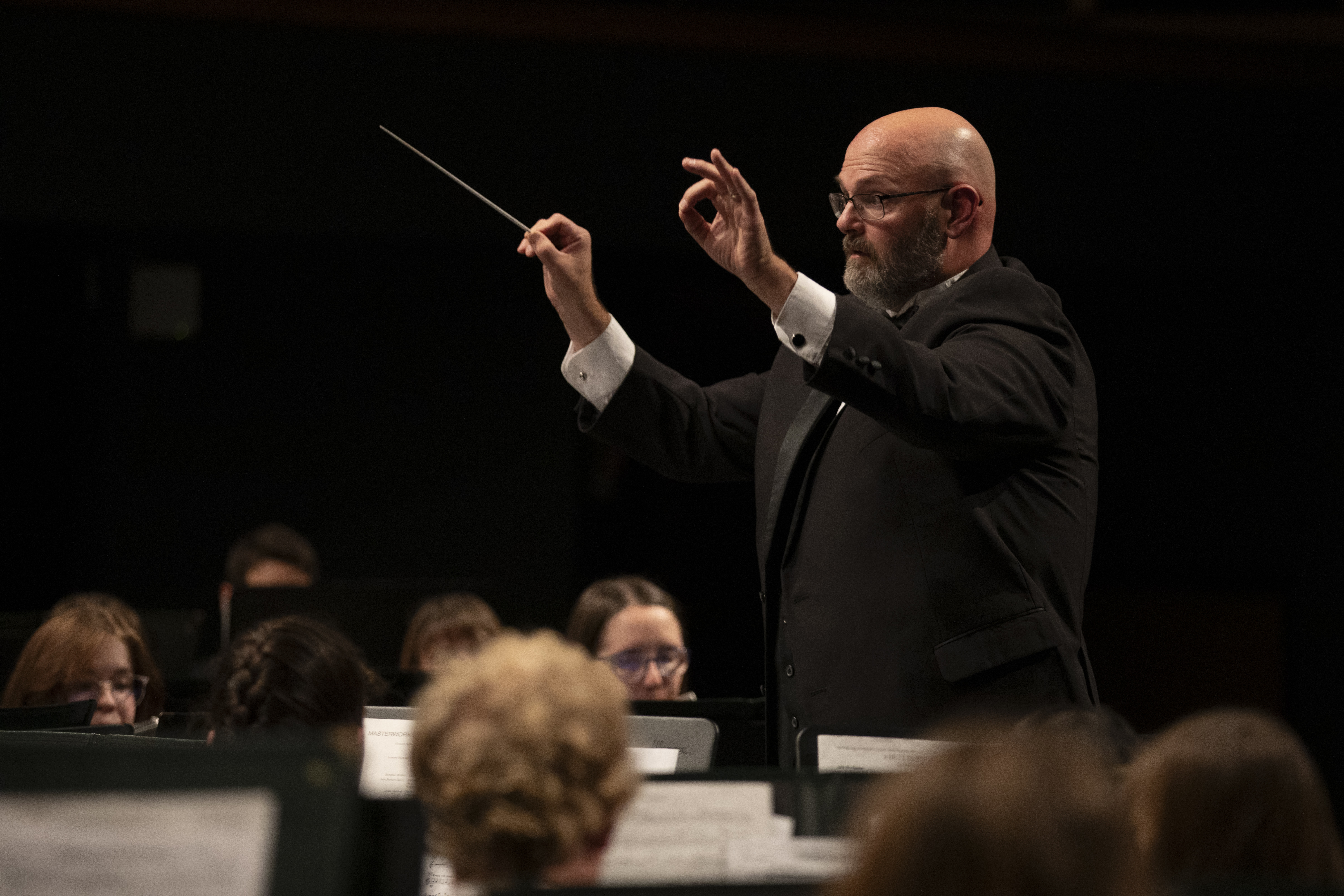 A conductor in a suit passionately leads an orchestra, holding a baton. Musicians focus on their music stands, immersed in a dimly lit setting